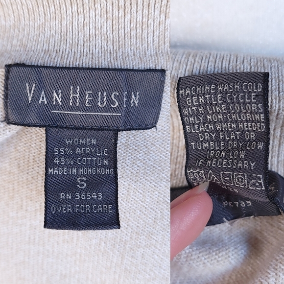 Vintage 90s Collared Knit Top Oatmeal Button-Up Scandi Cottage Style Van Heusen - Picture 11 of 12